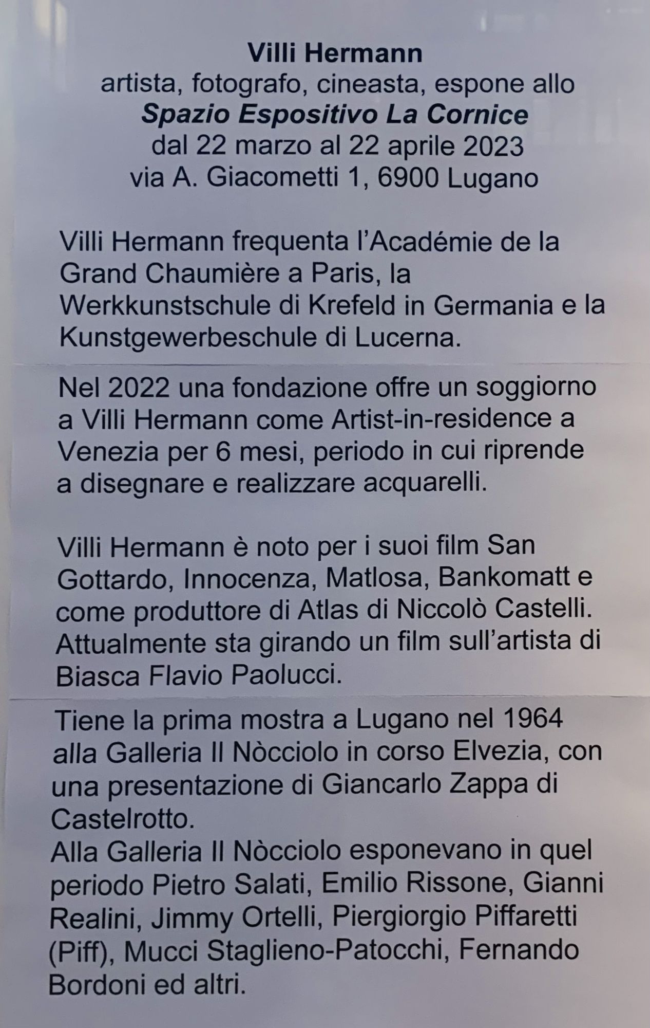 Mostra di Villi Hermann allo Spazio Espositivo "La Cornice" di Lugano dal 22 marzo al 22 aprile 2023